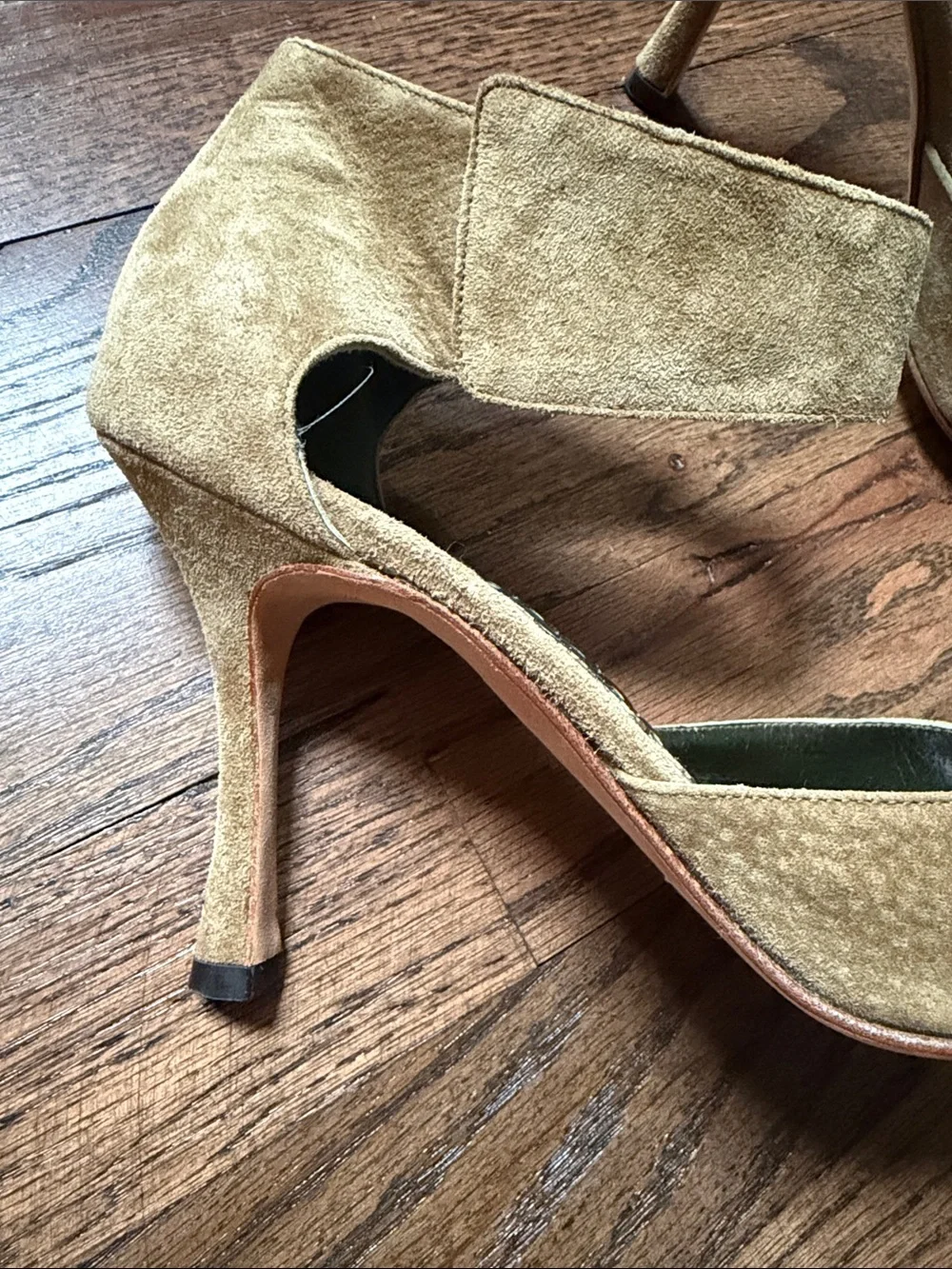 Manolo Blahnik Olive Suede Pointed-Toe Ankle-Strap Pumps